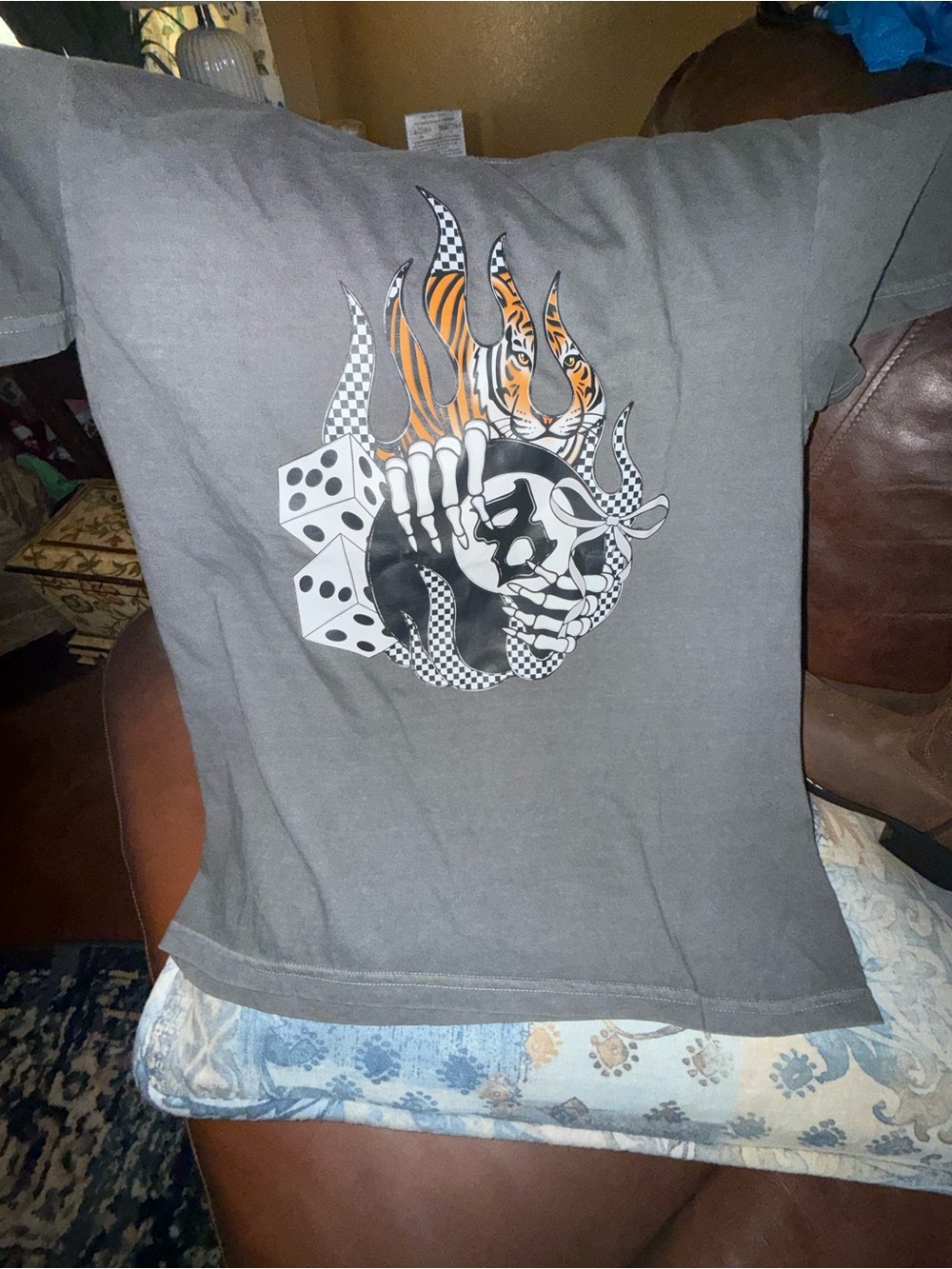 Comfort Colors Gray Graphic Tee with Tiger, Dice & Skull Art